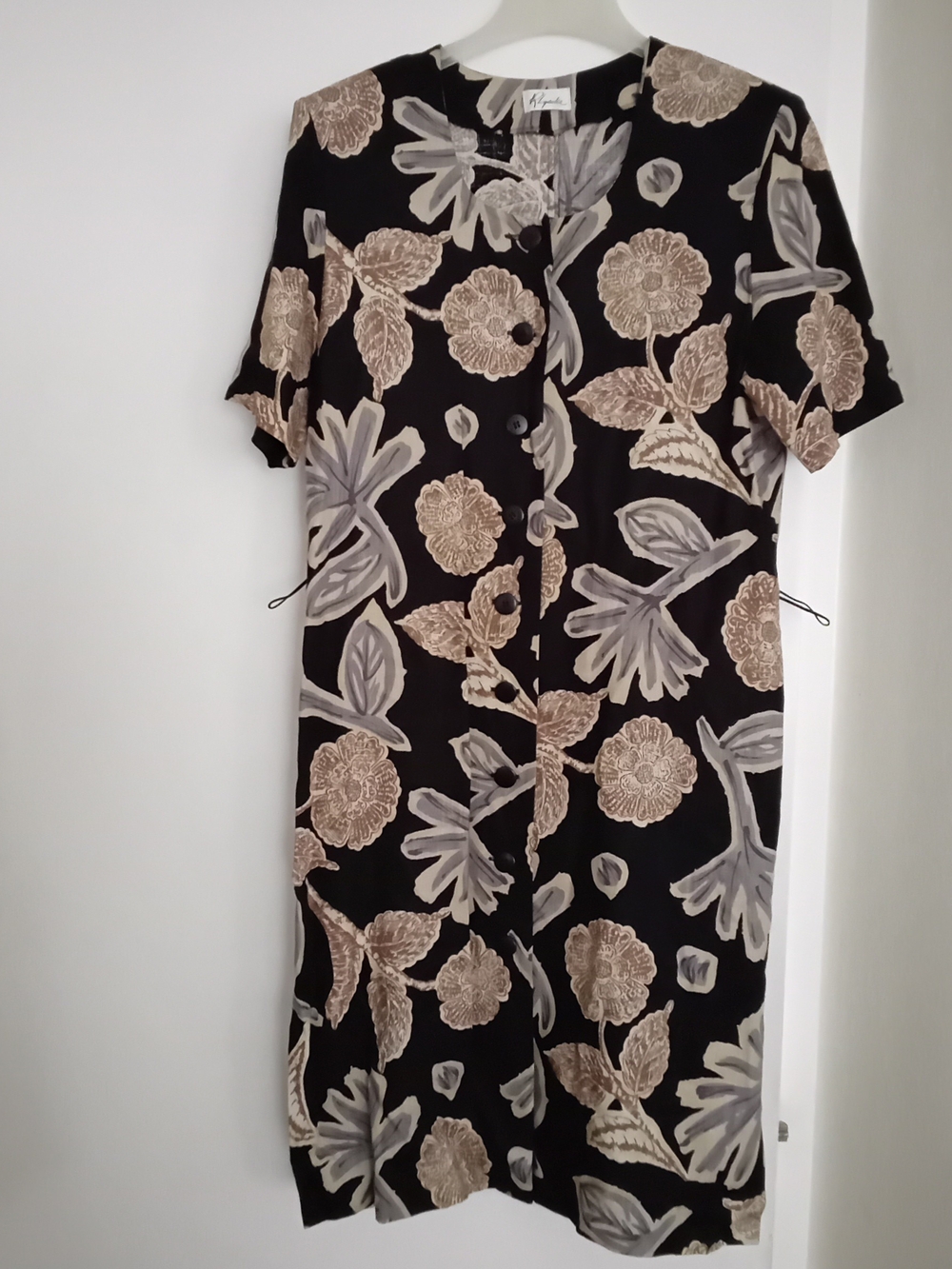 Women’s Black Button Front Dress with Beige and Gray Floral Print